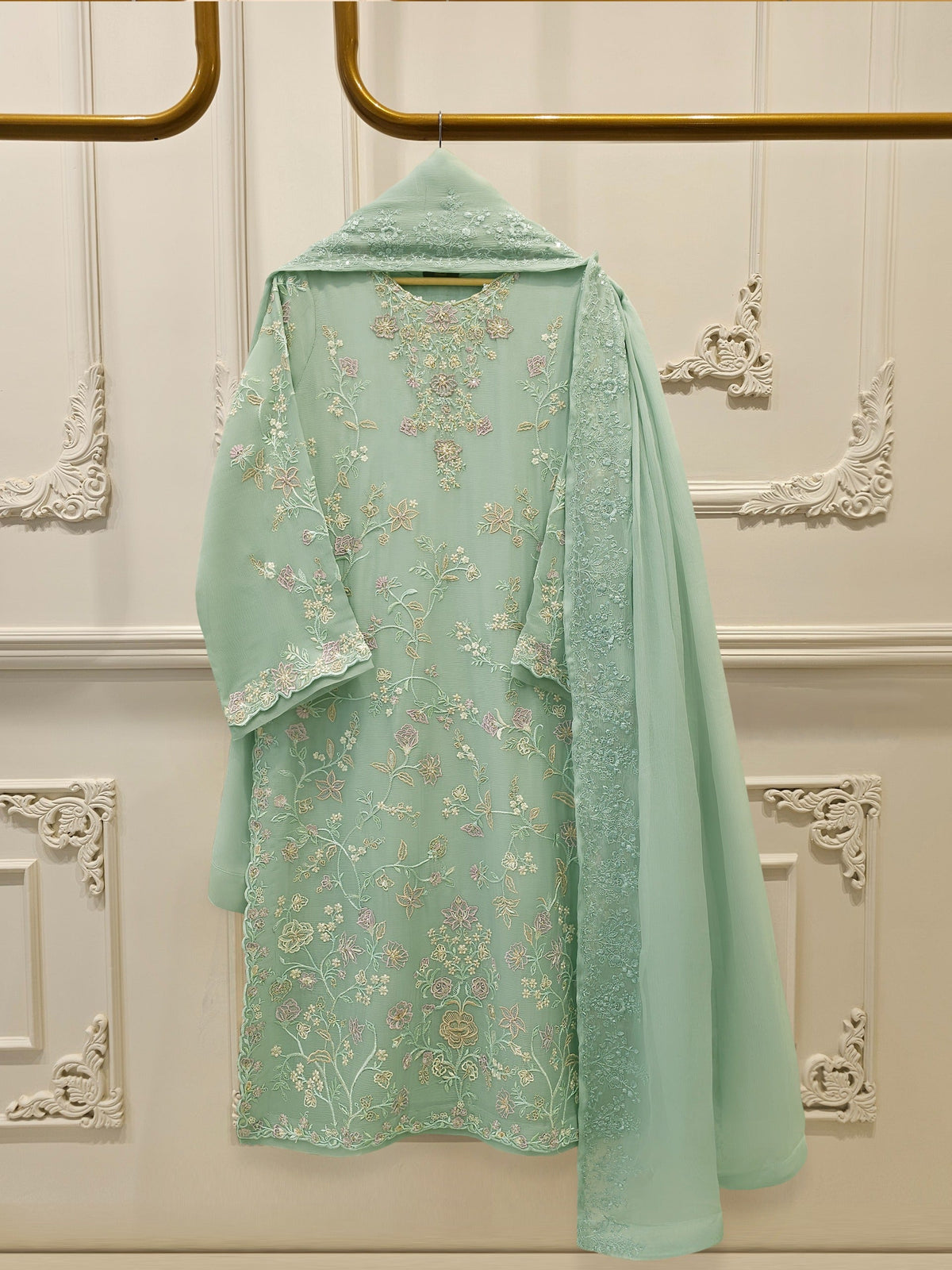 3 Piece - Pure  Chiffon Embroidered Suit S112716