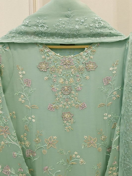 3 Piece - Pure  Chiffon Embroidered Suit S112716