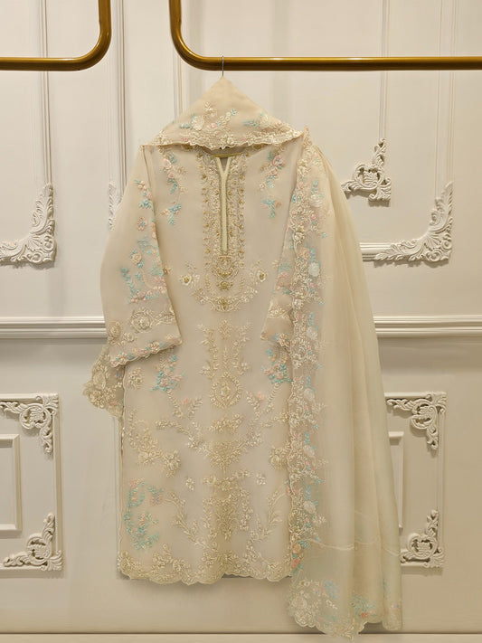 3 Piece - Pure Organza Embroidered Suit S114277